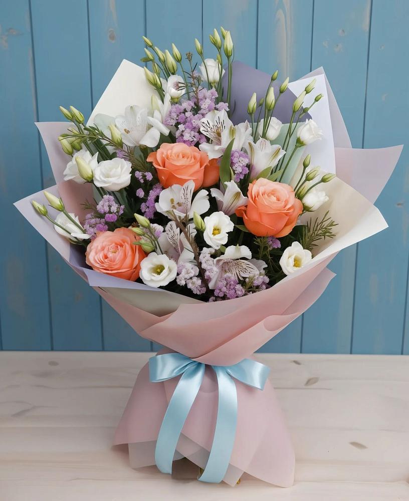 Букет цветов из: Лизиантусы, Розы, Альстромерии и Гипсофила в Оричах